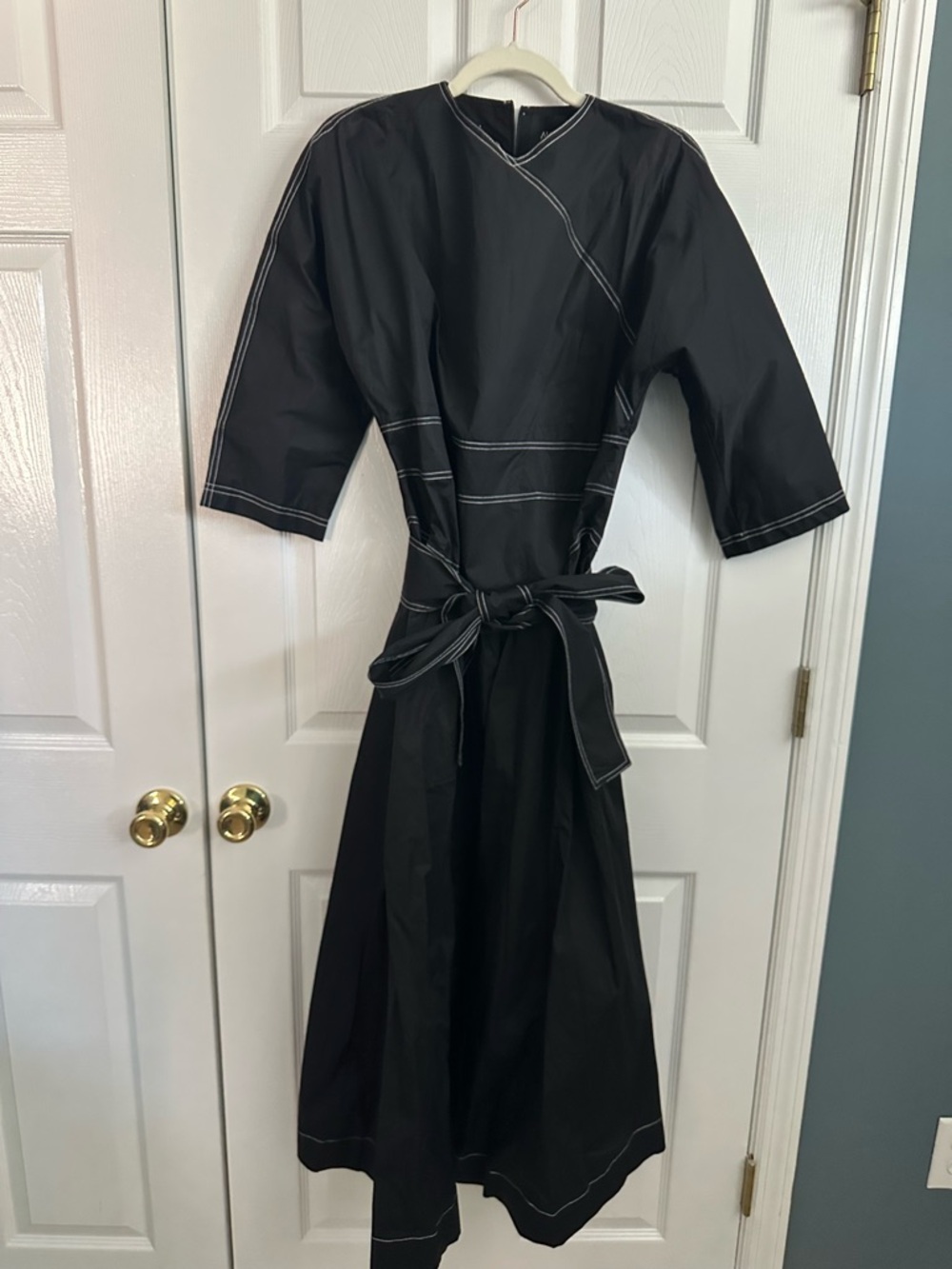 Black Contrast-Stitch Midi Dress with Tie Waist